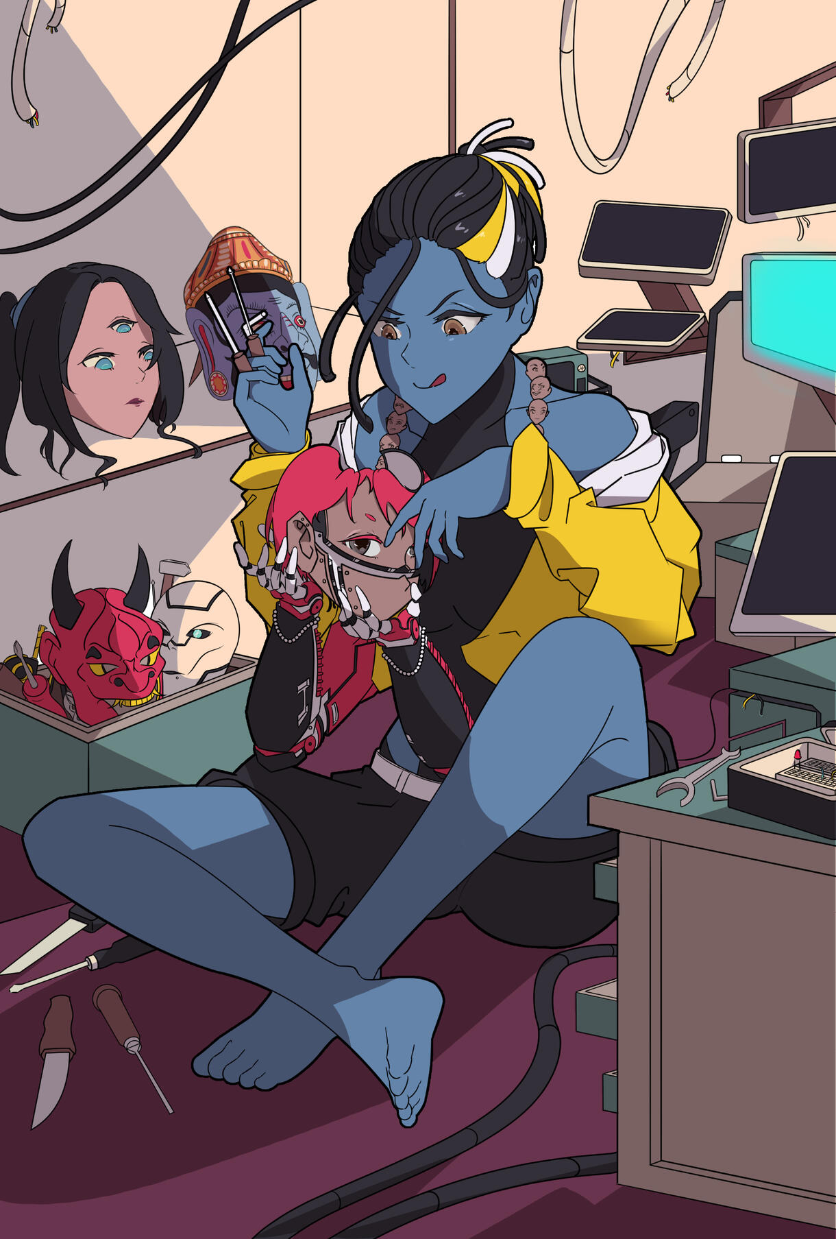 Untitled Original character drawing of a female tinkering on masks in her basement.