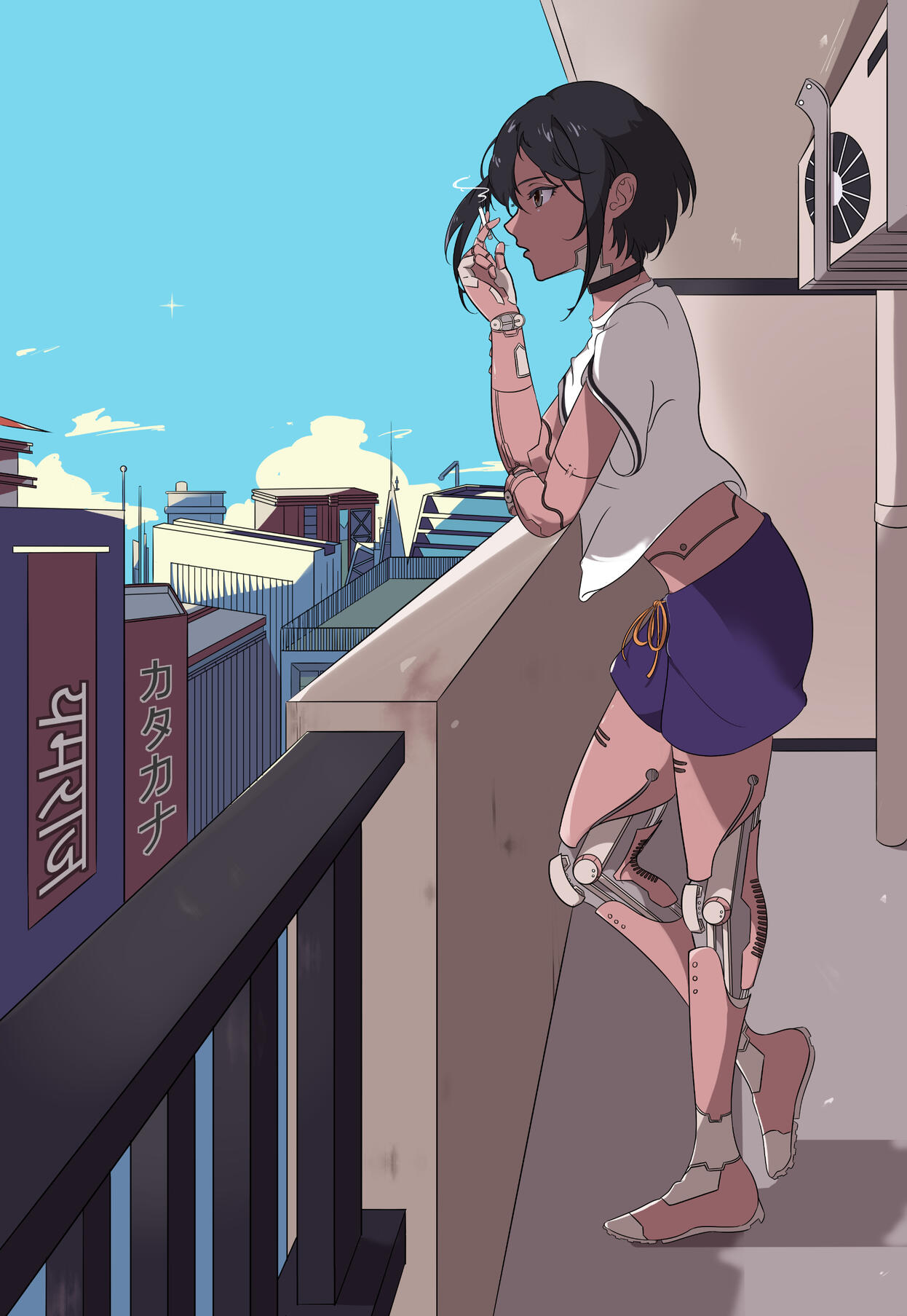 Untitled Original character design drawing of a character on a porch looking through the skyline while smoking.
