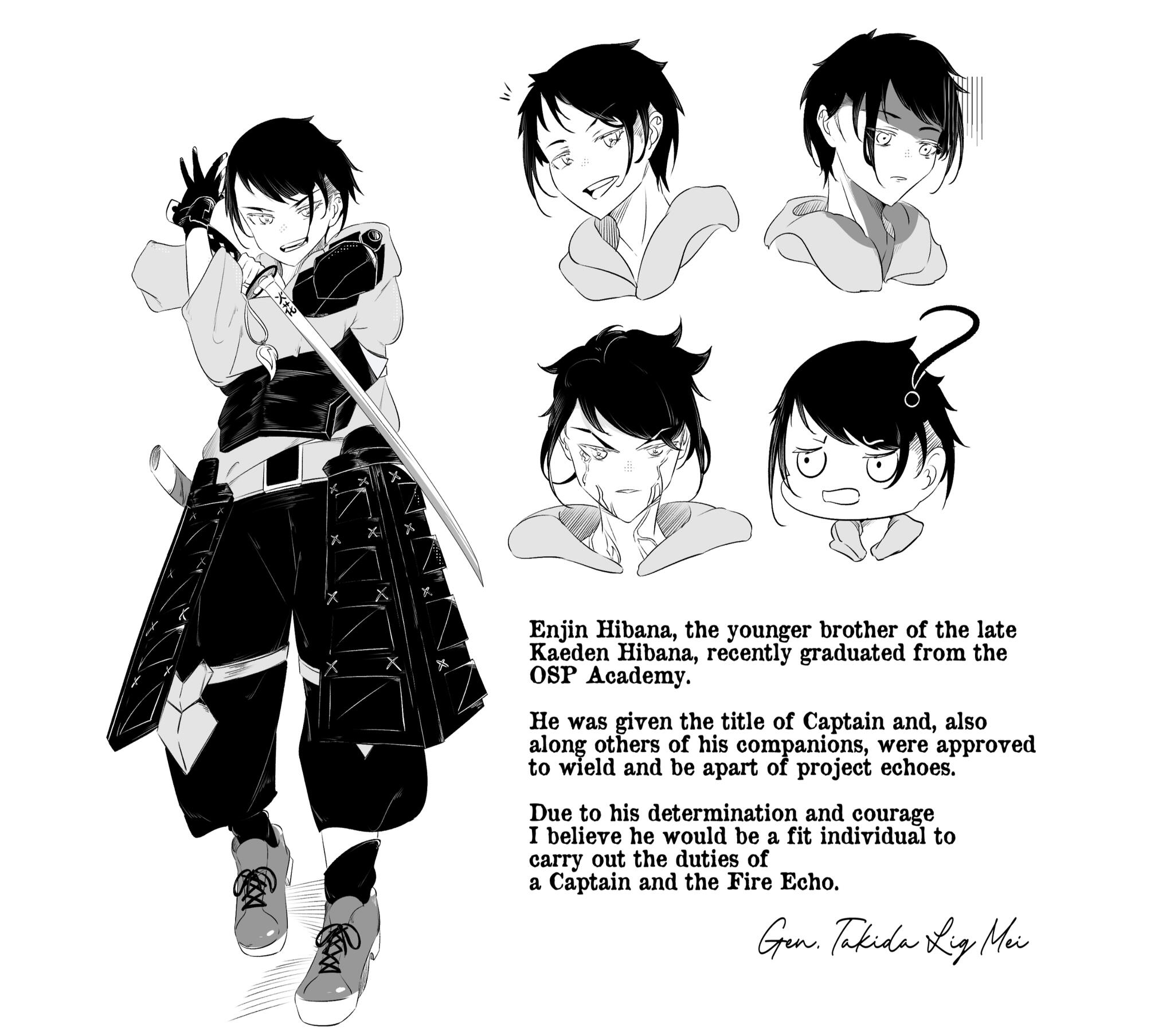 Untitled Original character sheet of a modern samurai character in a manga black and white style.