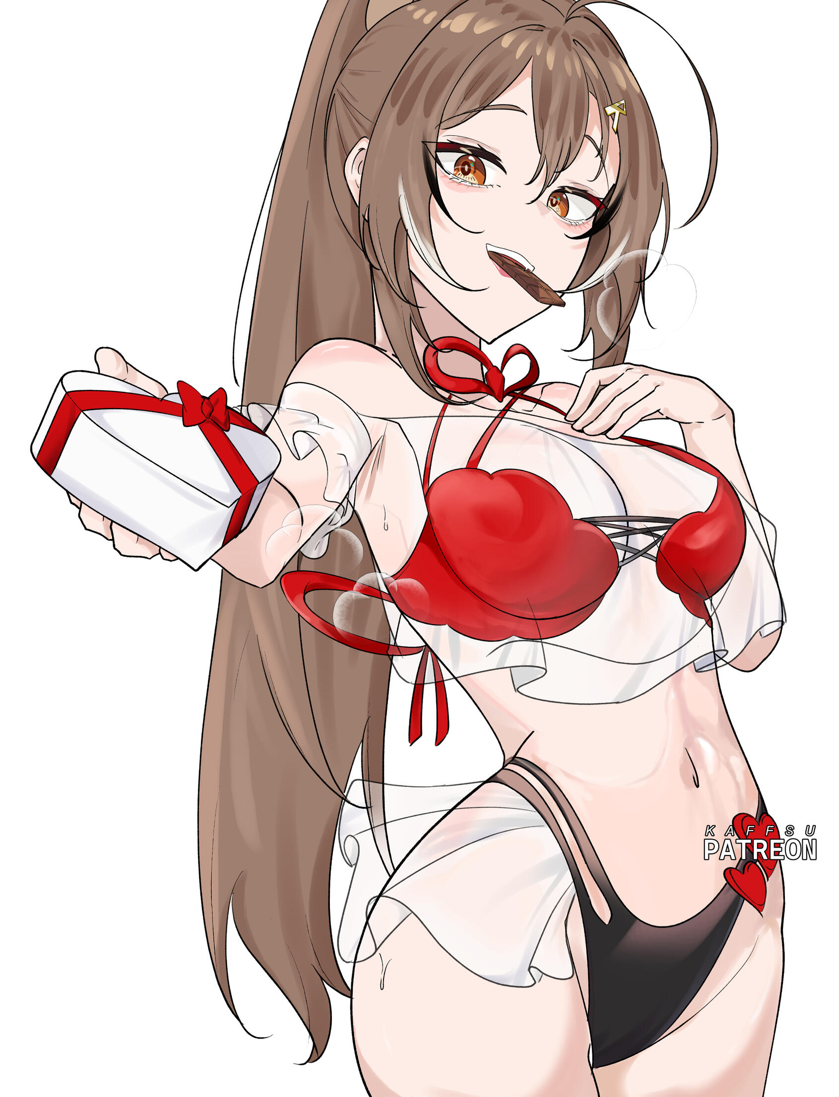 Drawing of Momosuzu Nene from Hololive JP Generation 4 in a field of flowers holding a beetle.