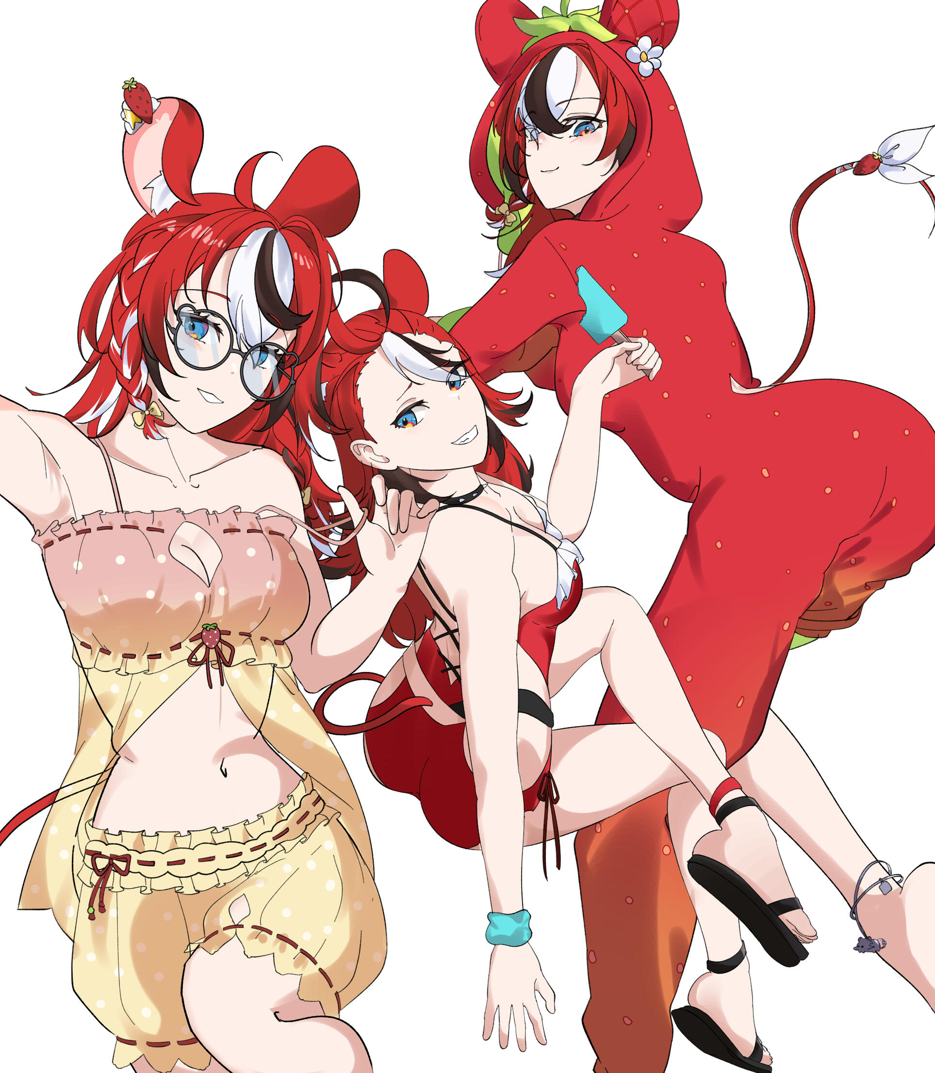 Drawing of Momosuzu Nene from Hololive JP Generation 4 in a field of flowers holding a beetle.