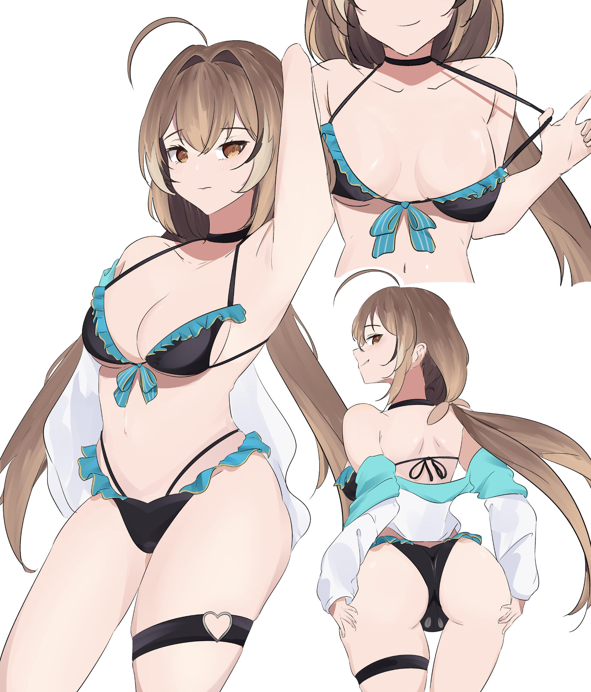 Drawing of Nanashi Mumei from Hololive EN Promise dressed in her swimsuit outfit posing in multiple views.