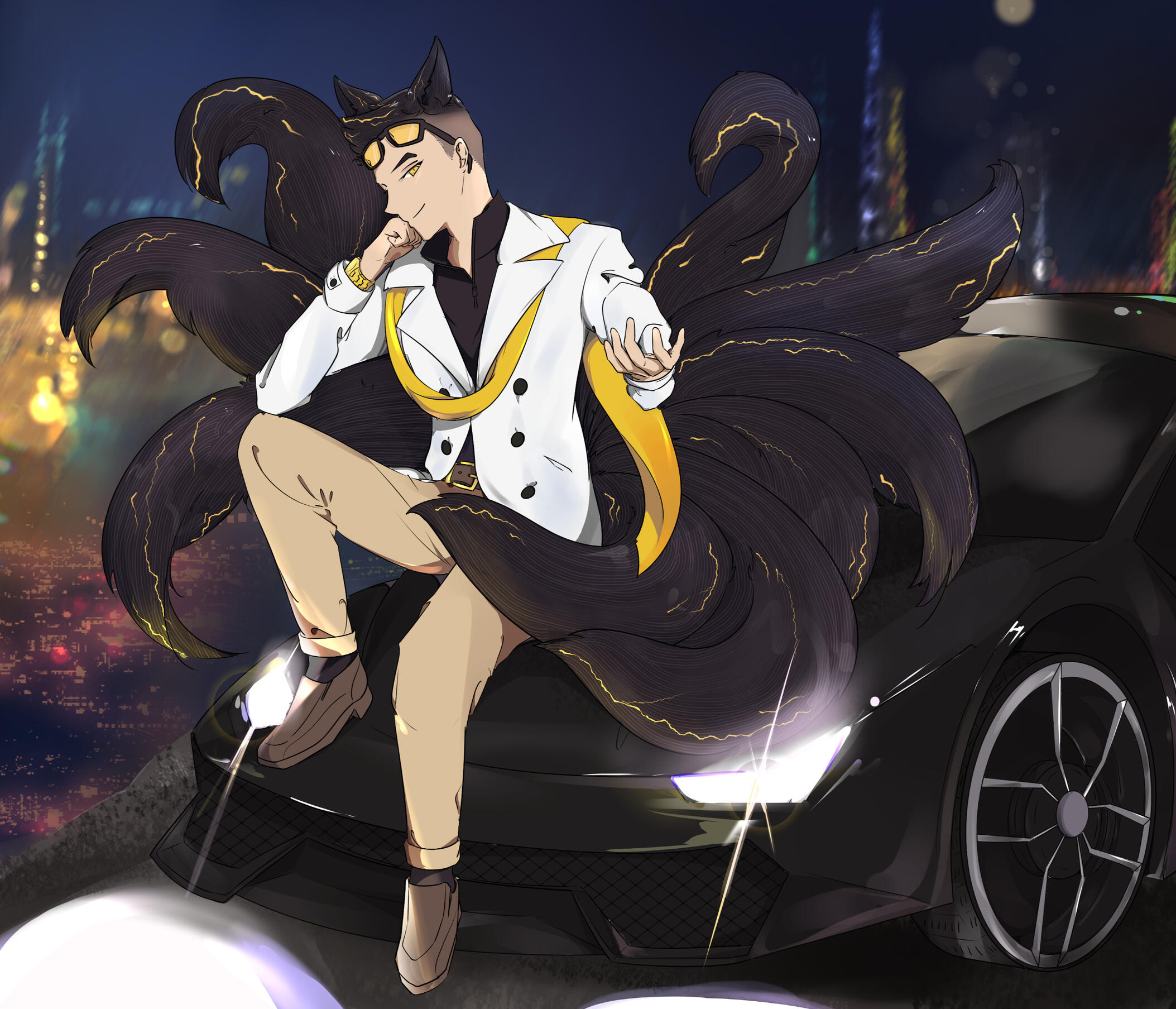 Original character drawing of a nine-tails fox male character sitting on a luxurious car.