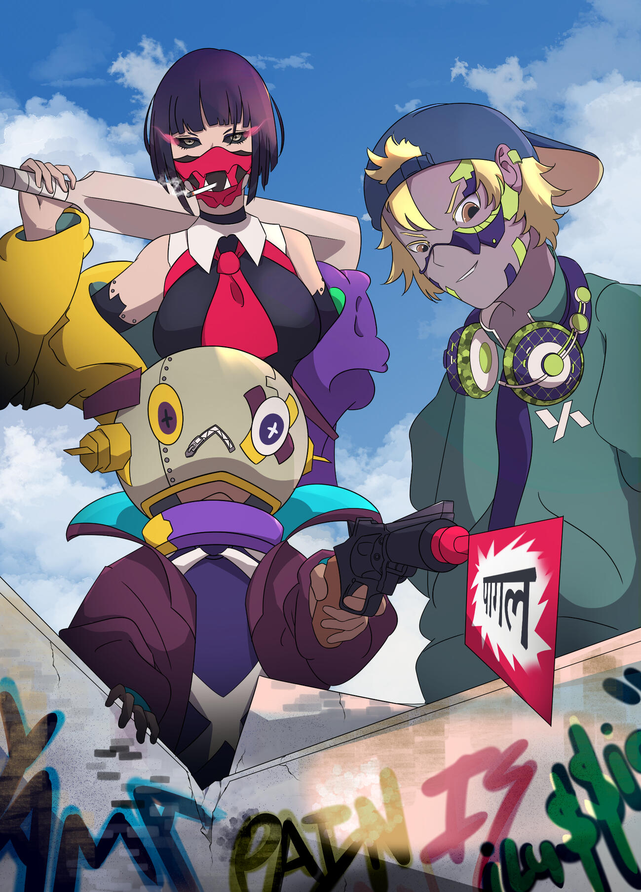 Original character design of three characters dressed as cyberpunk thugs.