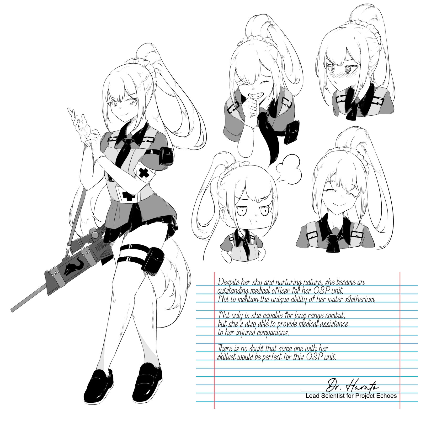 Original character sheet design of a female character as a medic carrying a semi-automatic rifle.