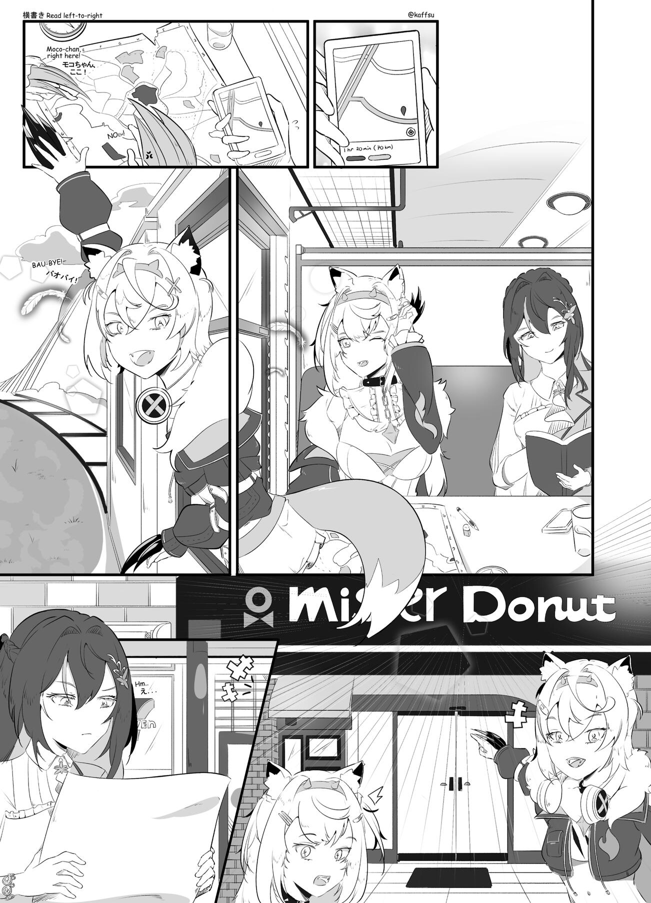 One page manga of Fuwamoco and Azki from Hololive EN Advent and Hololive Generation 0 about GeoGuessr